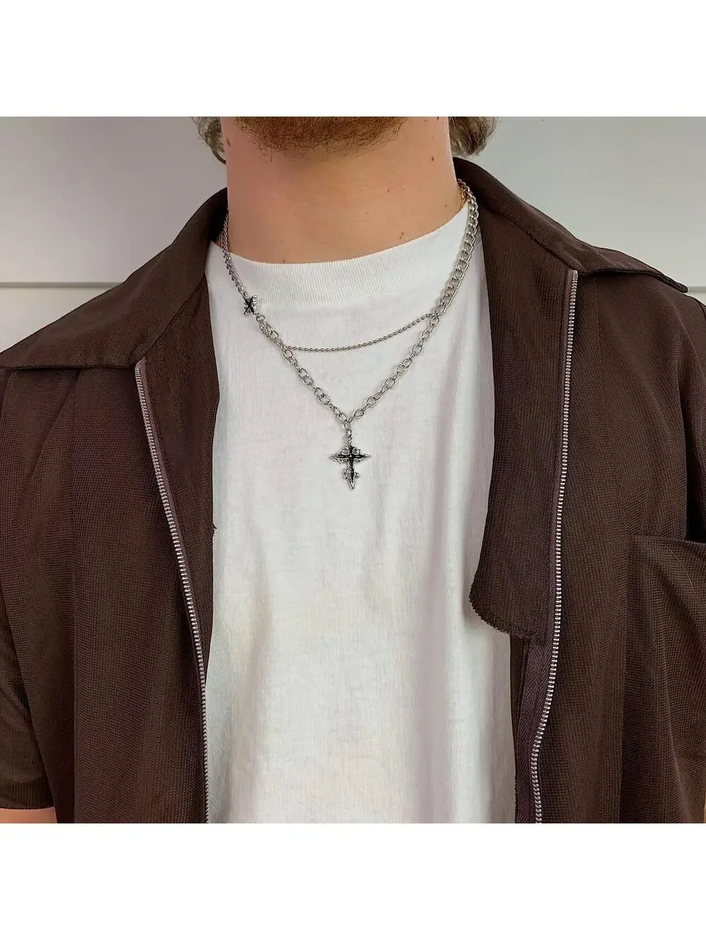 Cyber Y2k 2000s Vintage Style punk grunge crystal cross pendant necklace chain.